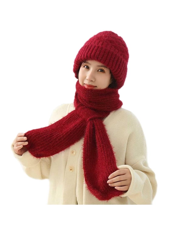 Unisex Womens&Mens Adult Solid Integrated Ear Windproof Hat Scarf Hooded Scarf Winter Scarf Knitted Hat Sets