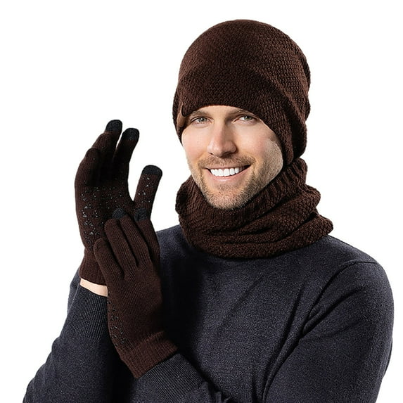 Unisex Womens&Mens Adult Winter Warm Hat Gloves Neck Three Piece Set Winter Outdoor Cold Proof Plush Knitted Hat