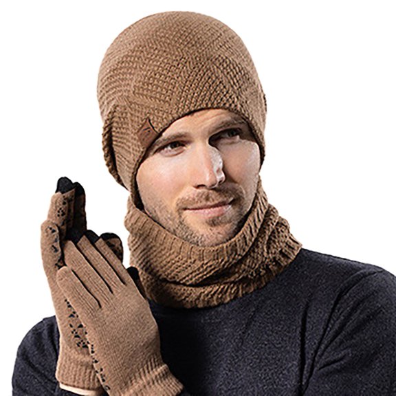 Unisex Womens&Mens Adult Winter Warm Hat Gloves Neck Three Piece Set Winter Outdoor Cold Proof Plush Knitted Hat