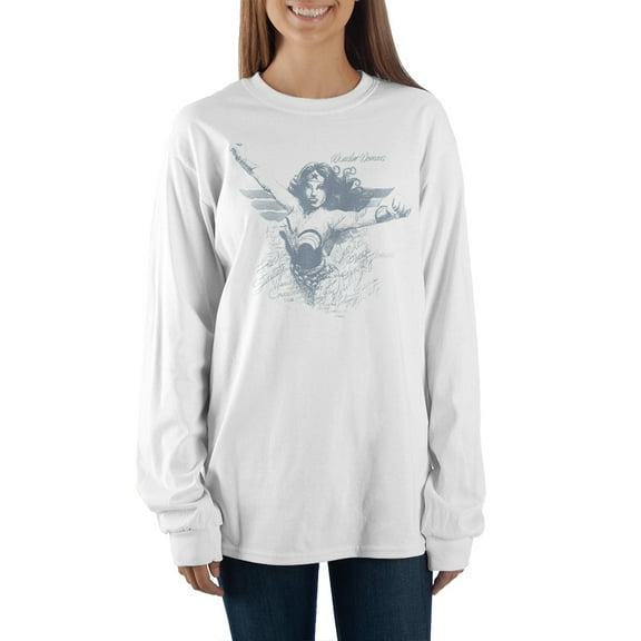 Unisex Wonder Woman Superhero Sketch White Long Sleeve Shirt-Large
