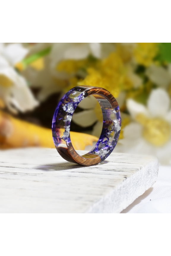 Unisex Wood Resin Ring Dried Flower Epoxy Jewelry Durable Unique Flower Design Accessory Gift Idea Chic Design