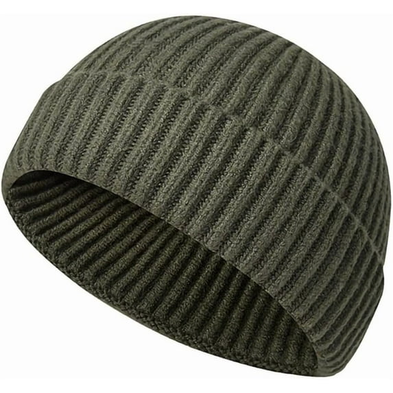 Unisex Wool Knit Cuff Short Fisherman Beanie for Men Women, Trawler Beanie Watch Hats Winter Caps (Army Green)