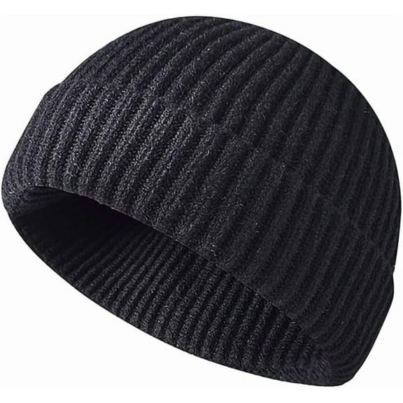 Unisex Wool Knit Cuff Short Fisherman Beanie for Men Women, Trawler Beanie Watch Hats Winter Caps (Black)