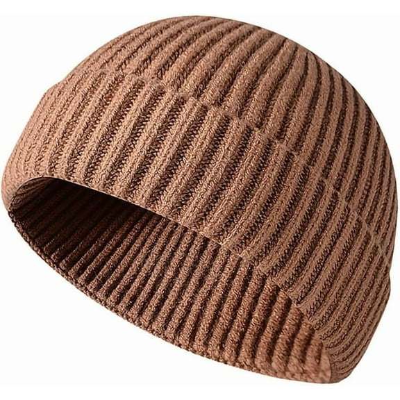 Unisex Wool Knit Cuff Short Fisherman Beanie for Men Women, Trawler Beanie Watch Hats Winter Caps (Khaki)