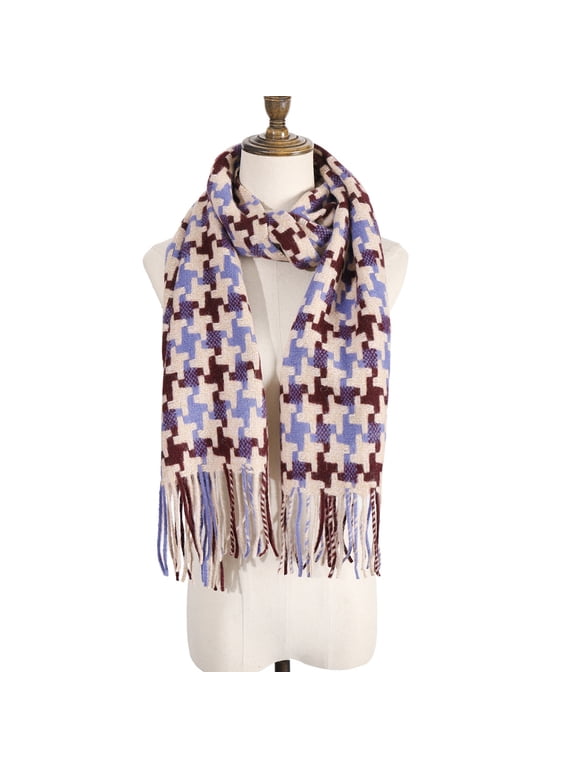 Unisex Wool Plaid Scarf with Tassels Winter Warm 170x30 cm