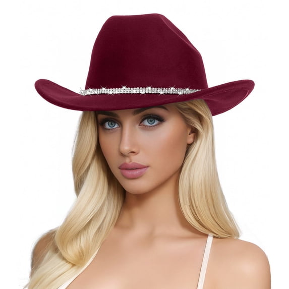 Unisex Woolen Cowboy Top Hat - Rhinestone Decor, Adjustable Strap, Western Style for Party/Halloween/ (One Size)
