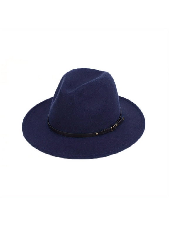 Unisex Woolen Felt Panama Hats Wide Brim Solid Color Fedora Cowboy Hats with Belt Buckle Ladies Fashion Jazz Cap