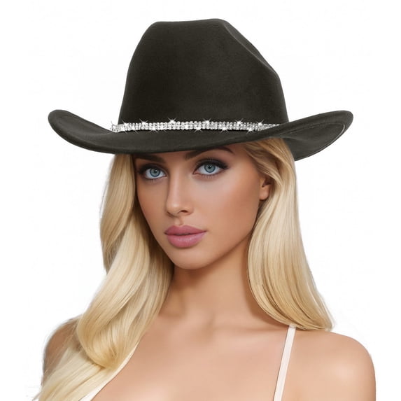 Unisex Woolen Western Cowboy Top Hat - Rhinestone Embellished, Adjustable Strap, One Size, Polyester, for /Festival