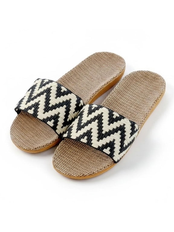 Unisex Woven Linen House Slippers, EU Size 40-41, Zigzag Woven Upper, Linen and Cushioned Flexible Sole, Textured Breathable Footbed, Navy Blue