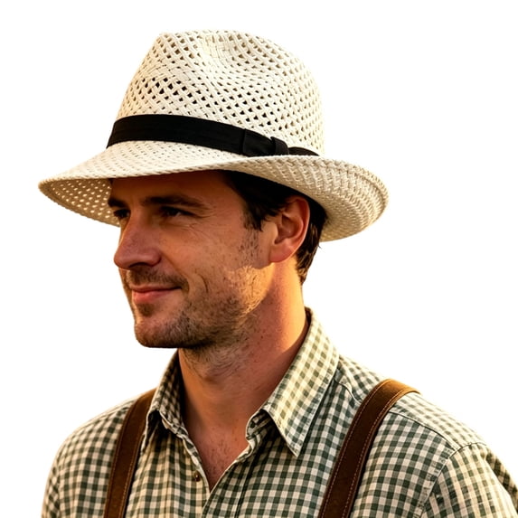 Unisex Woven Straw Fedora Hat Hollow‑Knit Sun Hat With Fabric Band Casual Outdoor Travel Festival Breathable Wide‑Brim Sun‑Shade Headwear