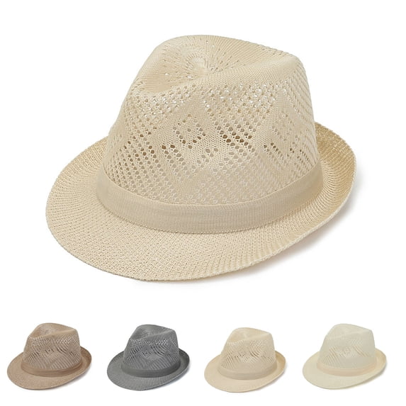 Unisex Woven Straw Fedora Panama Hat, Short Roll Brim Breathable Summer Sun Hat UPF 50 UV Protection, Packable Lightweight Beach Jazz Dress Hat for Men Women Travel Vacation, 4 Colors