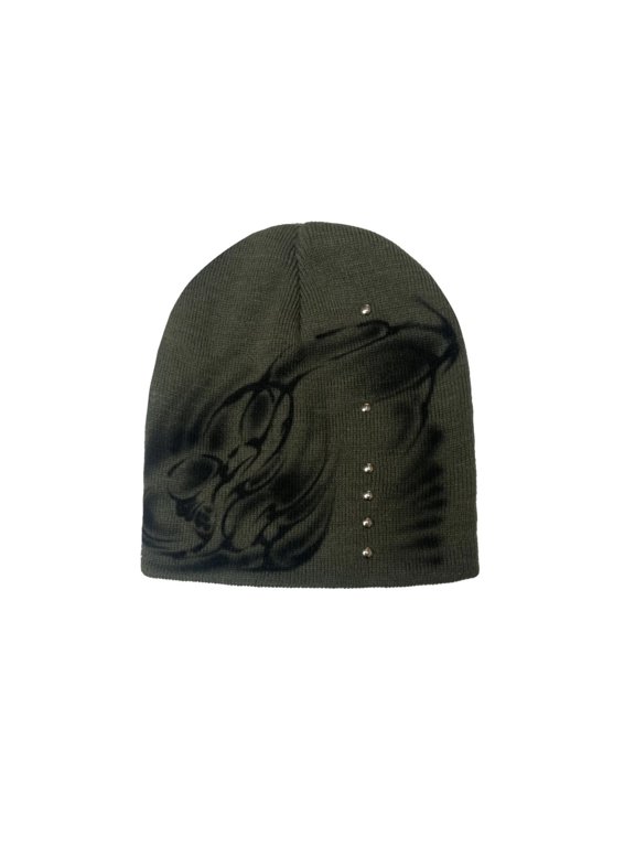 Unisex Y2K Aesthetic Beanie, Trendy Streetwear Knitted Skull Cap with Metal Studs and Graphic Print, Warm Windproof Winter Hat for Men and Women, 9" x 8.6", Edgy Core Fashion Essential