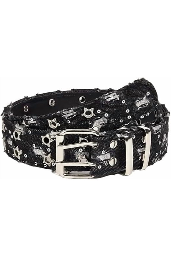 Unisex Y2K Gothic HipHop Belt, Double Row Metal Pin & Hollowed Star Buckle, 41''x1.3'' Waistband For Men Women Jeans.