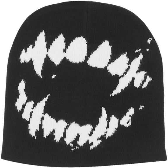 Unisex Y2K Knitted Beanie Hat Gothic Tooth Skull Cap Winter Warm Hat for Women Men Halloween