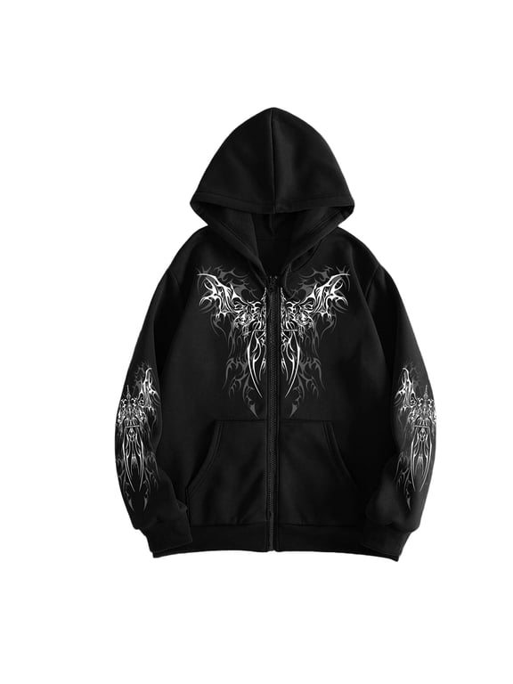 Unisex Y2K Zip Up Hoodie Gothic Print Hooded Sweatshirt Oversized Grunge Streetwear Hooded Jacket Emo Alternative Clothes