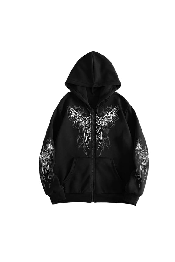 Unisex Y2K Zip Up Hoodie Gothic Print Hooded Sweatshirt Oversized Grunge Streetwear Hooded Jacket Emo Alternative Clothes