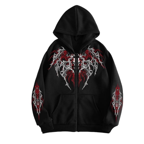Unisex Y2K Zip Up Hoodie Gothic Print Hooded Sweatshirt Oversized Grunge Streetwear Hooded Jacket Emo Alternative Clothes