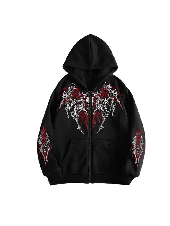 Unisex Y2K Zip Up Hoodie Gothic Print Hooded Sweatshirt Oversized Grunge Streetwear Hooded Jacket Emo Alternative Clothes