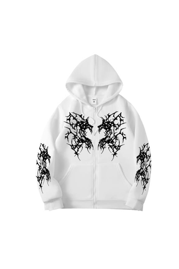 Unisex Y2K Zip Up Hoodie Gothic Print Hooded Sweatshirt Oversized Grunge Streetwear Hooded Jacket Emo Alternative Clothes