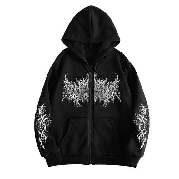 Unisex Y2K Zip Up Hoodie Gothic Print Hooded Sweatshirt Oversized Hooded Cardigan Sweat Jacket Emo Alternative Clothes