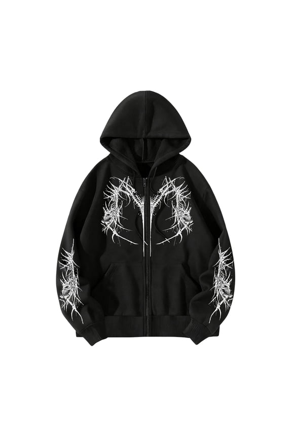 Unisex Y2K Zip Up Hoodie Gothic Print Hooded Sweatshirt Oversized Hooded Cardigan Sweat Jacket Emo Alternative Clothes