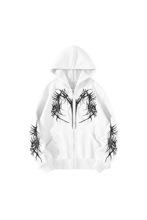 Unisex Y2K Zip Up Hoodie Gothic Print Hooded Sweatshirt Oversized Hooded Cardigan Sweat Jacket Emo Alternative Clothes