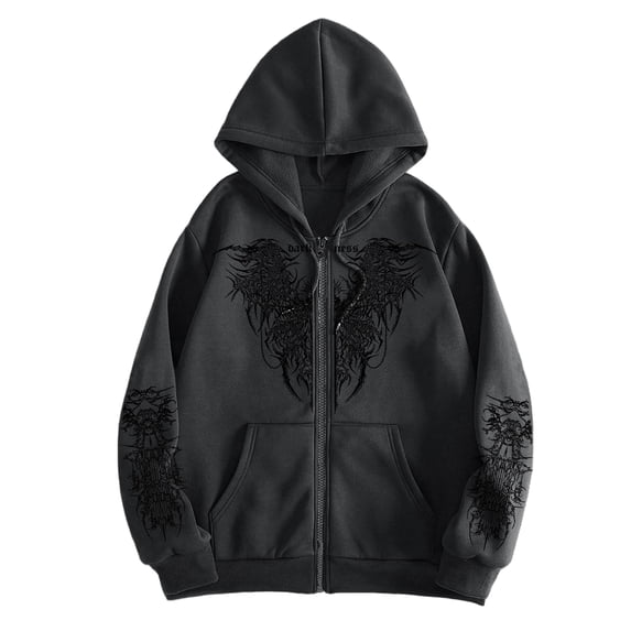 Unisex Y2K Zip Up Hoodie Gothic Print Hooded Sweatshirt Oversized Hooded Cardigan Sweat Jacket Emo Alternative Clothes
