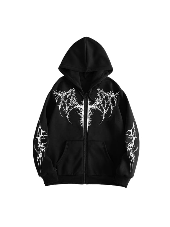 Unisex Y2K Zip Up Hoodie Oversized Gothic Punk Hooded Sweatshirt Casual Grunge Sweatjacket Emo Alternative Clothes