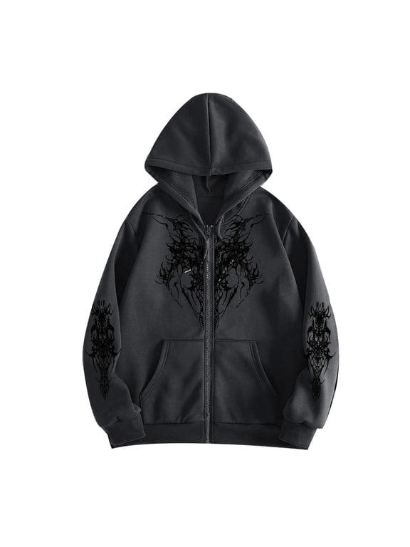 Unisex Y2k Zip Up Hoodie Aesthetic Graphic Print Hooded Jacket Oversized Goth Harajuku Sweatshirt Punk Grunge Streetwear