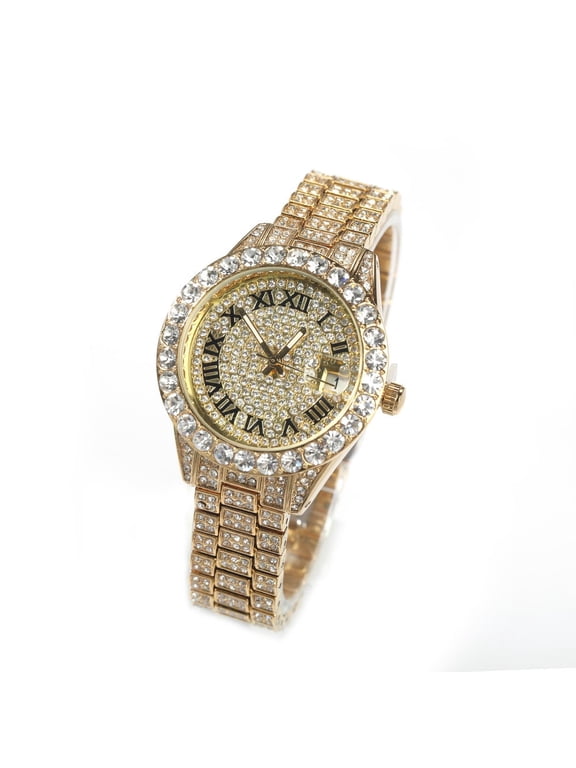 Unisex Yellow Gold Finish Solitaire Bezel Simulated Diamond Bling Stainless Steel Iced Out Hip Hop Round Waterproof Luxury Quartz Watch 35mm