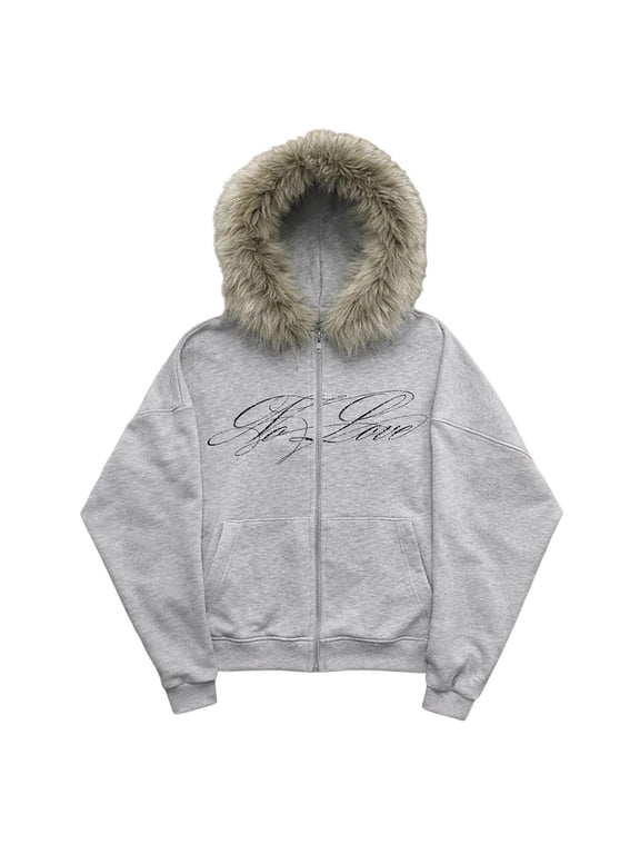 Unisex Zip Up Hooded Jacket with Fuzzy Collar Graphic Print Streetwear Y2K Punk Winter Coat for Men Women