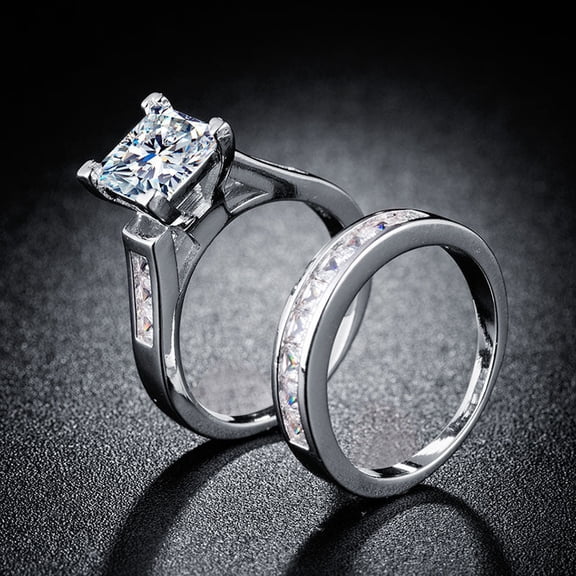 Unisex Zircon Inlaid Copper Couple Rings Diamond Look Geometric Engagement Wedding Promise Gift For Him And Her