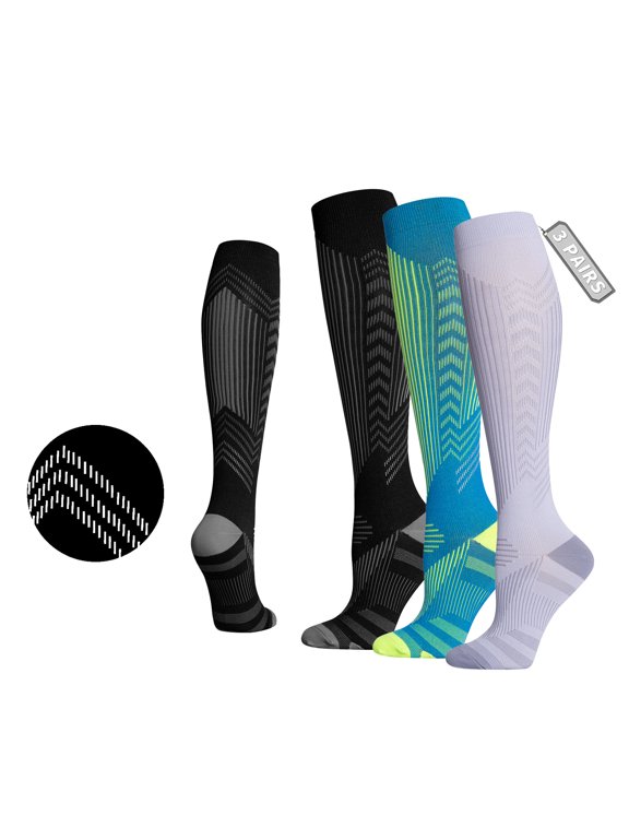 Unisex compression socks, knee-high sports socks, thin night-running reflective cycling socks, 3 pairs