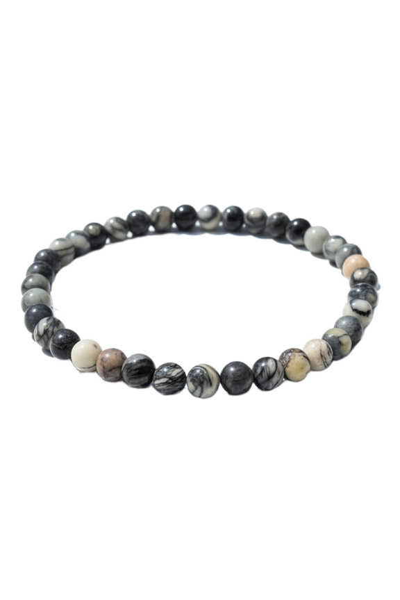 Unisex natural black picasso jasper stretch bracelet of 6mm round smooth beads|confidence & protection crystal bracelet for men women|7 inch stretchable for march birthstone|ST_BR_0220