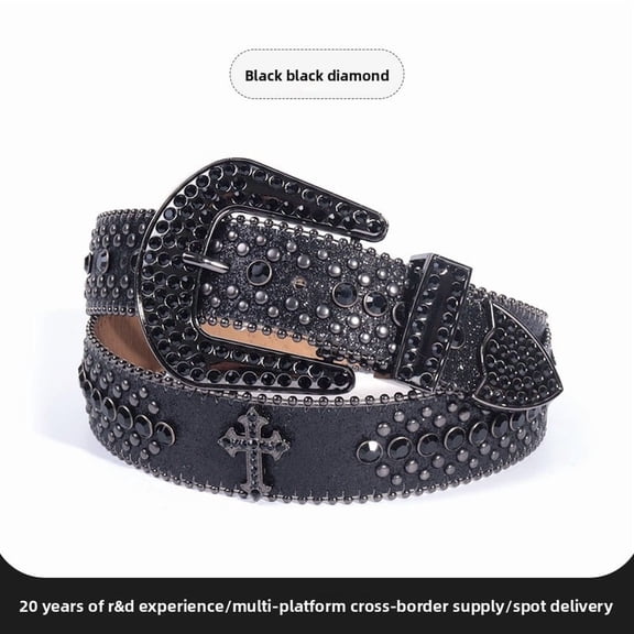 Unisex rhinestone-embellished crocodile-patterned belt with cross-shaped buckle – new street-style denim belt.