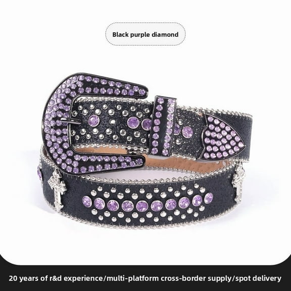 Unisex rhinestone-embellished crocodile-patterned belt with cross-shaped buckle – new street-style denim belt.