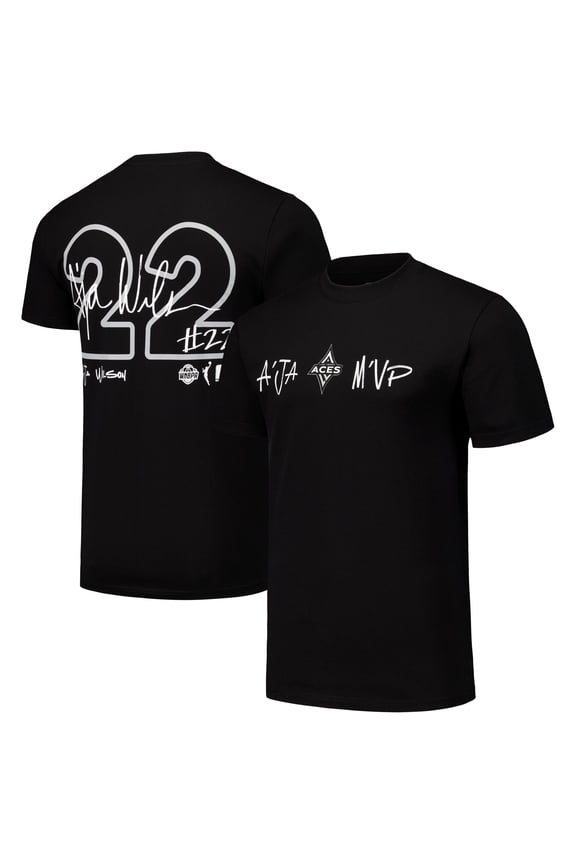 Unisex round21 A'ja Wilson Black Las Vegas Aces Player Signature Name & Number T-Shirt