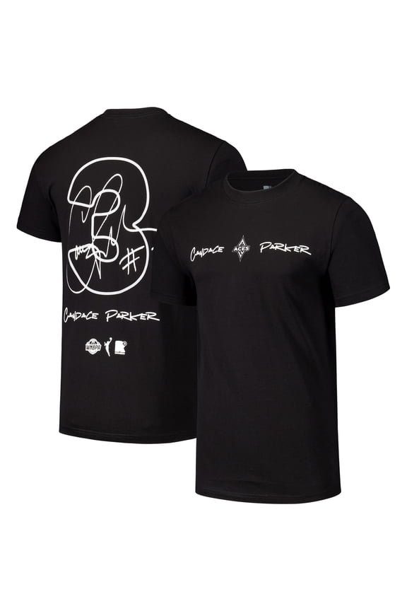 Unisex round21 Candace Parker Black Las Vegas Aces Player Signature Name & Number T-Shirt