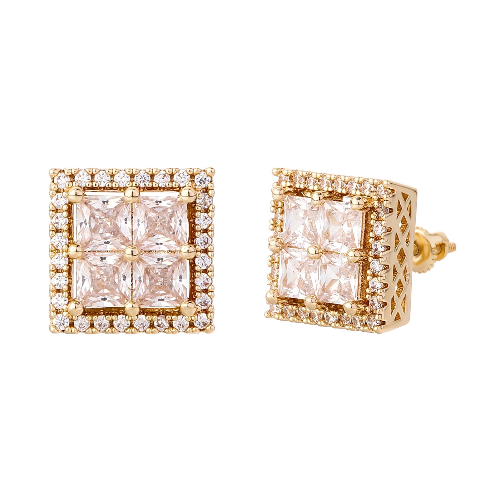 Unisex square stud earrings, hypoallergenic, 18K white gold/yellow gold plated, princess-cut clear cubic zirconia, 13mm.