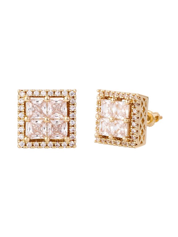 Unisex square stud earrings, hypoallergenic, 18K yellow gold plated, princess-cut clear cubic zirconia, 13mm.