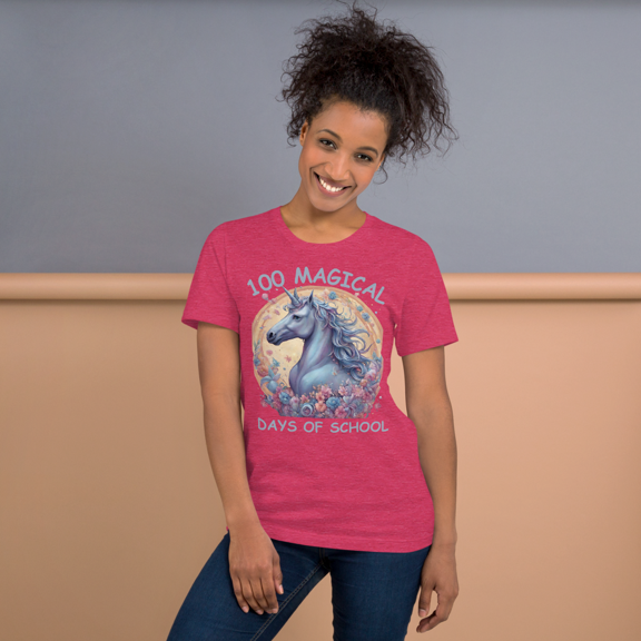 Unisex t-shirt  100 Magical Days Of  School Cute Unicorn Kid.  (Heather Raspberry, M)