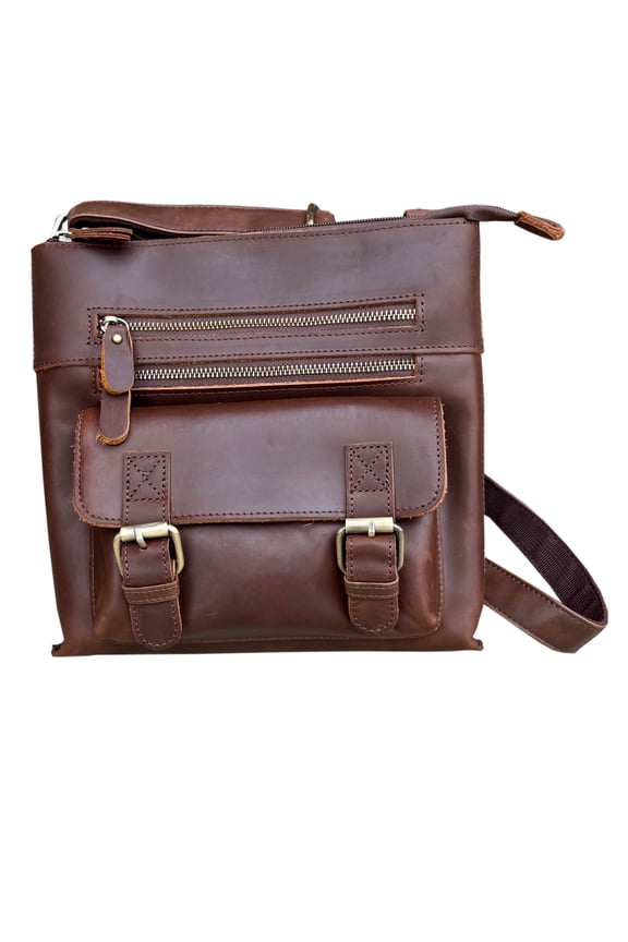 Unisex vintage cowhide leather crossbody shoulder bag with adjustable shoulder strap