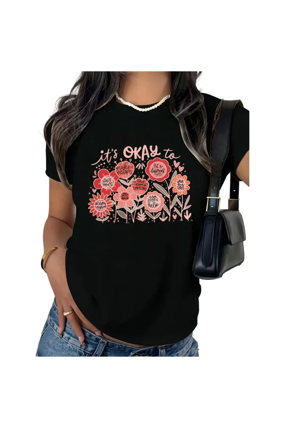 Women's Positive Affirmation Floral Graphic Short Sleeve T-Shirt Plus Size Casual Crewneck Cotton Top