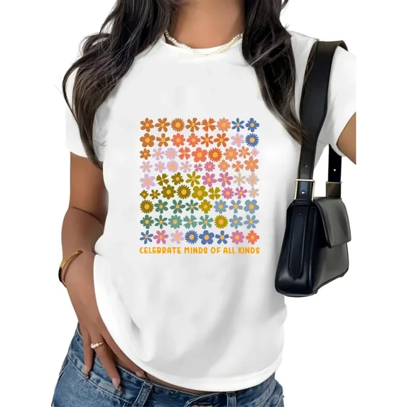 Unishe Women's White Graphic Tee Floral Square Design Celebrate Minds of All Kinds Short Sleeve Retro 70s Style T-Shirt