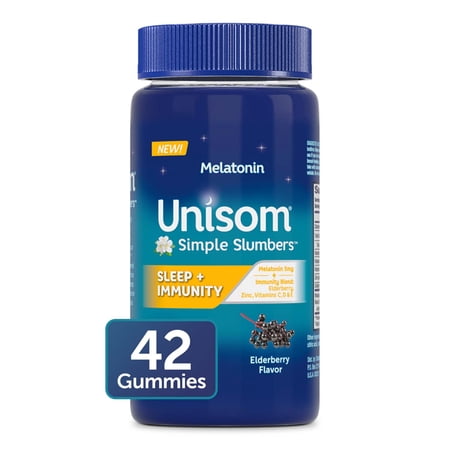 Unisom Simple Slumbers Sleep + Immunity Gummies, 42-Count, Melatonin 5mg, Elderberry