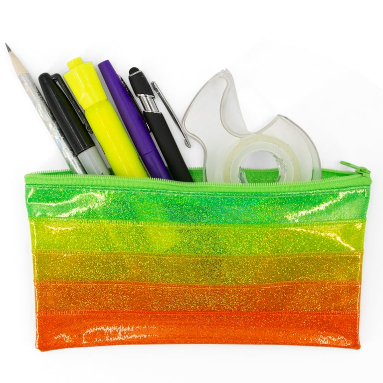 Unison Glitter Zippered Plastic Pencil Case Pouch for Kids School Supplies,  Orange Yellow Green 