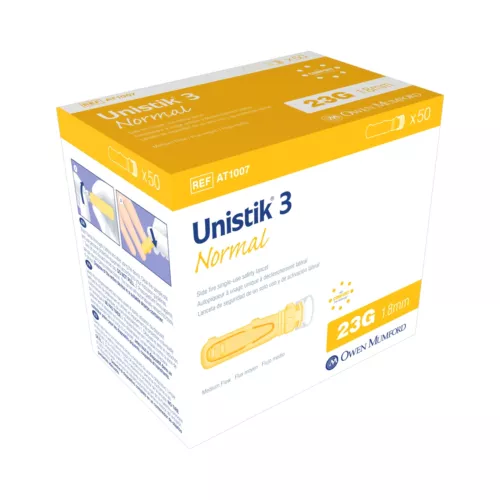 Unistik 3 Safety Lancet, 23 Gauge, 1.8 mm Depth, 1 Box, 50 per Box