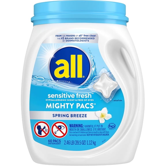 Unit Dose Laundry Detergent, Mighty Pacs, Sensitive Fresh, 60 Count