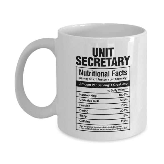 Unit Secretary Nutritional Facts Coffee & Tea Gift Mug, Secretarial Appreciation Gifts for Medical Administrative Assistant and Office Secretaries