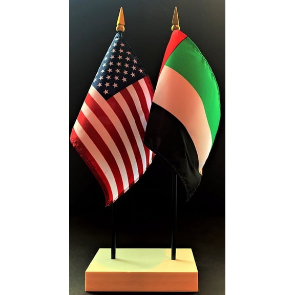 United Arab Emirates Table Flag Set; One USA and International Rayon 4x6 inch Flag Plus a White Base